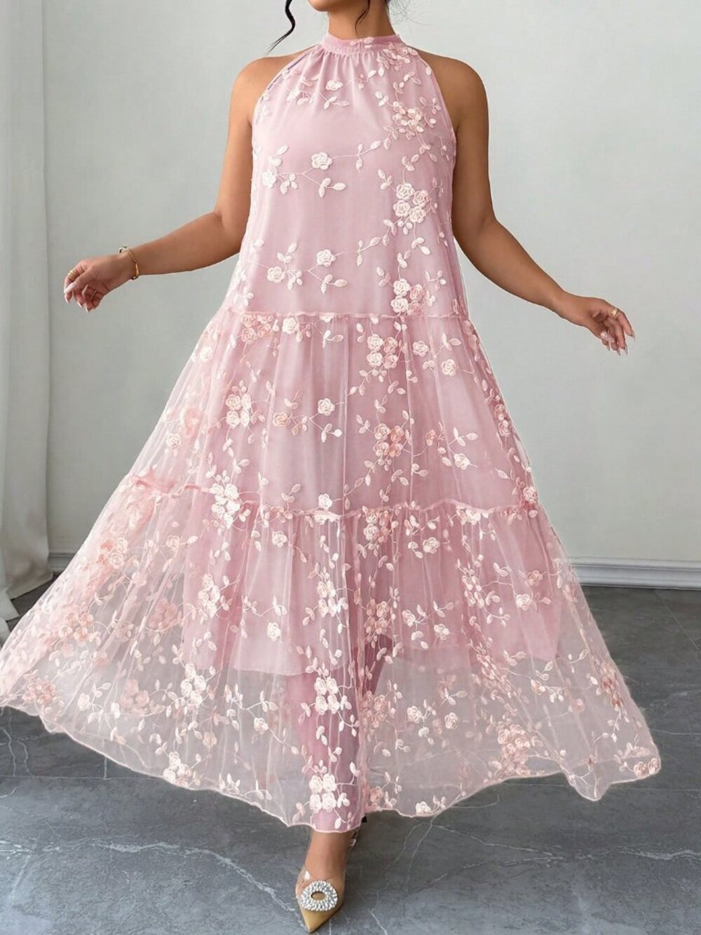 Pink Elegant Women's Plus Size Halter Dress - Picture 3 of 7